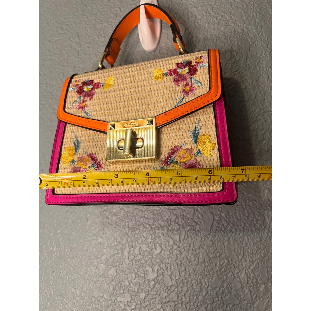 Aldo Floral Embroidered Straw Satchel Bag Colorblock Pink Orange Top Handle - Picture 7 of 11